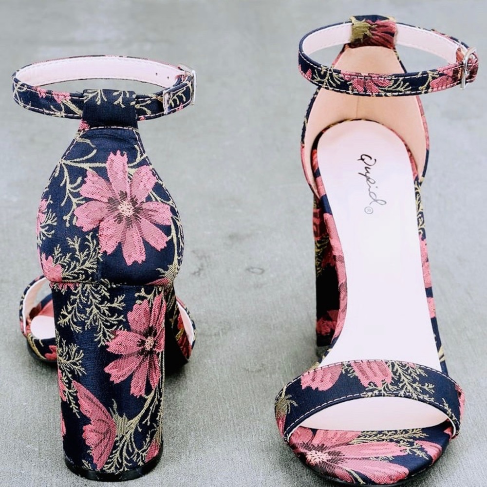 Mauve Navy Brocade Ankle Strap Heels